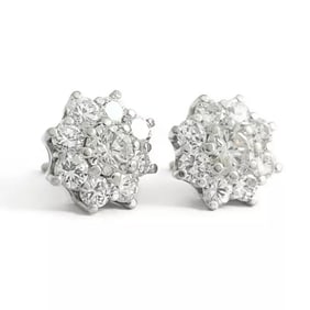Round Princess Diana Set Diamond Cluster Stud Earrings 14K White Gold 2.14 CTW