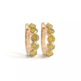 Yellow Diamond Huggie Small Hoop Earrings 14K Pink Rose Gold, 1.75 CTW