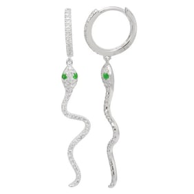 Pave Diamond Emerald Eye Snake Dangle Drop Earrings 14K White Gold .40 CTW