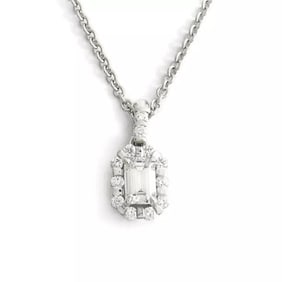 Emerald Cut Diamond Halo Pendant Necklace 14K White Gold, .72 CTW