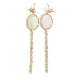Mother of Perl Diamond Hanging Dangle Drop Earrings 14K Yellow Gold, 5.19 CTW