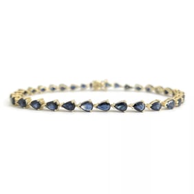 Estate Pear Blue Sapphire Gemstone Tennis Bracelet 14K Yellow Gold, 8.66 Grams