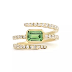 Green Tsavorite Gemstone Diamond Spiral Statement Ring 14K Yellow Gold, 1.12 CTW