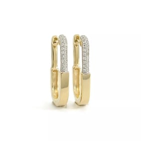 Pave Diamond Lock Oblong Hoop Earrings 14K Yellow Gold, .11 CTW