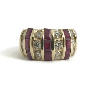 Wide Baguette Ruby Diamond Cocktail Ring 14K Yellow Gold, 1.30 CTW, 7.87 Grams
