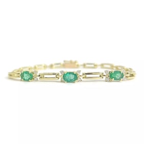 Oval Green Emerald Gemstone Diamond Bracelet 14K Yellow Gold, 7.74 Grams