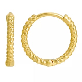 Thin Twisted Rope Huggie Hoop Earrings 14K Yellow Gold, 11.6 mm