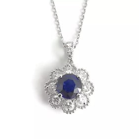 Blue Sapphire Diamond Flower Pendant Necklace 18K White Gold, 16 Inches 1.32 CTW