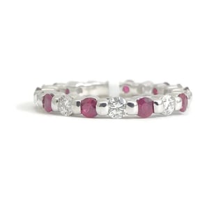 Ruby Diamond Bead Set Eternity Band Ring 14K White Gold, 1.10 CTW, Size 5