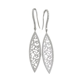 Diamond Filigree Marquise Navette Dangle Drop Earrings 14K White Gold, .60 CTW