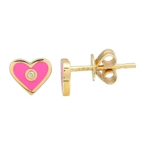 Pink Enamel Heart Diamond Stud Earrings 14K Yellow Gold .02 CTW