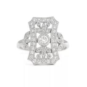 Art-Deco Style Long Pave Diamond Filigree Statement Ring 18K White Gold .52 CTW