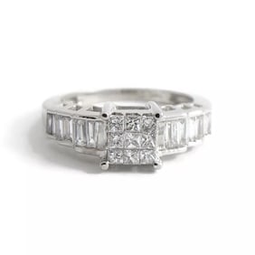 Princess Baguette Invisible Set Diamond Engagement Ring 14K White Gold, 3.24 Gr