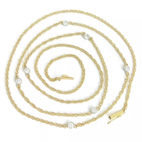 Long Diamond Bezel Two-Tone Station Chain Necklace 14K Yellow Gold, 1.05 CTW