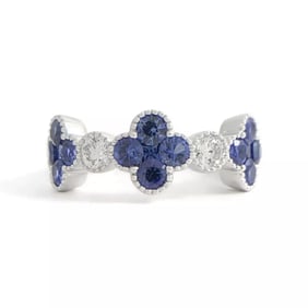 Cluster Blue Sapphire Clover Diamond Gemstone Band Ring 14K White Gold, 1.50 CTW