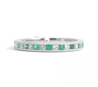 Emerald and Diamond Princess Half Eternity Band Ring in 18K White Gold, .46 CTW