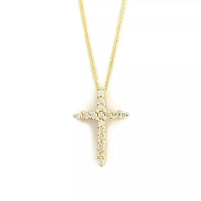 Small Diamond Cross Religious Pendant Necklace 14K Yellow Gold .16 CTW