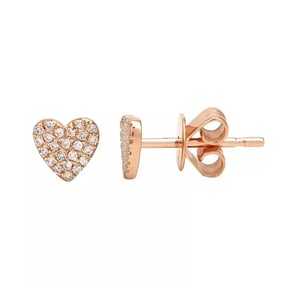 Small Pave Diamond Heart Stud Earrings 14K Pink Rose Gold .20 CTW