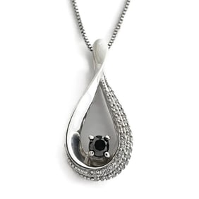 Black White Diamond Teardrop Pendant Necklace Sterling Silver, .40 CTW, 3.86 Gr