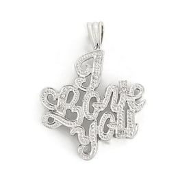 I LOVE YOU Diamond Necklace Pendant Charm 14K White Gold, 3.44 Grams