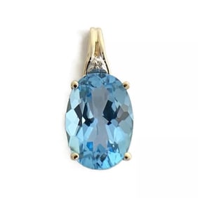 Oval Swiss Blue Topaz Diamond Gemstone Necklace Pendant 14K Yellow Gold, 2.90 Gr