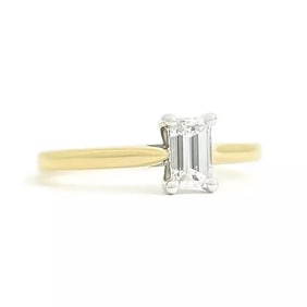 Emerald Cut Diamond Solitaire Engagement Ring 18K Yellow Gold, .35 CT