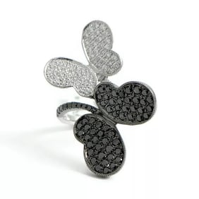 Black and White Pave Diamond Butterfly Statement Ring 18K White Gold, 1.15 CTW