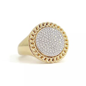 Round Pave Diamond Cuban Chain Link Halo Signet Ring 14K Yellow Gold .21 CTW
