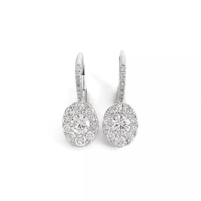 Oval Pave Diamond Cluster Halo Drop Earrings 14K White Gold, 1.37 CTW
