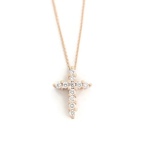 Small Diamond Cross Pendant Necklace 14K Pink Rose Gold, .30 CTW