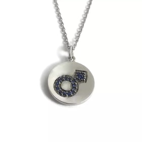 Sapphire Mars Male Gender Symbol Pendant Necklace 14K White Gold, 4.50 Gr
