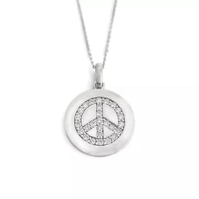 Diamond Peace Sign Round Disk Pendant Necklace 14K White Gold, .70 CTW