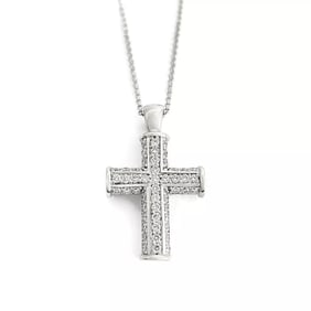 Pave Diamond Cross Pendant Necklace 14K White Gold, .90 CTW