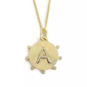 Letter A Initial Diamond Fluted Disk Pendant Necklace 14K Yellow Gold .15 CTW