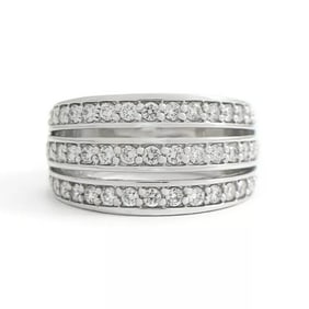Wide 3-Row Round Diamond Ring Statement Band 14K White Gold, .66 CTW