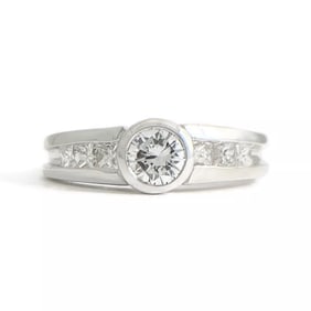 Round Bezel Princess Channel-Set Diamond Engagement Ring 14K White Gold .83 CTW