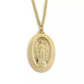 Mother Mary Miraculous Medal Religious Pendant Necklace 14K Yellow Gold, 14.54 G