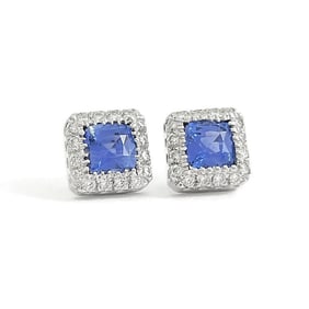 Square Blue Sapphire Diamond Halo Stud Earrings 14K White Gold, 2.16 CTW