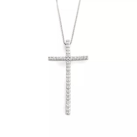 Long Thin Diamond Cross Pendant Necklace 14K White Gold, .27 CTW