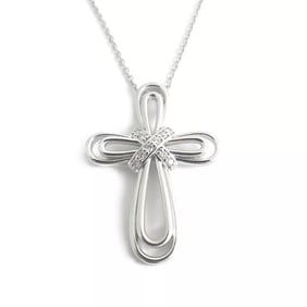 Diamond Loop Cross Religious Pendant Necklace 14K White Gold .25 CTW