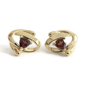 Trillion Red Garnet Gemstone Stud Earrings 9K Yellow Gold, .80 CTW, 2.92 Gr