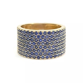 Wide Pave Blue Sapphire Gemstone Band Ring 14K Yellow Gold 2.06 CTW