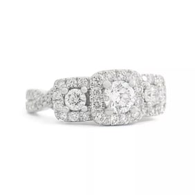 Cushion Halo 3-Stone Diamond Sapphire Engagement Ring 14K White Gold, 1.35 CTW