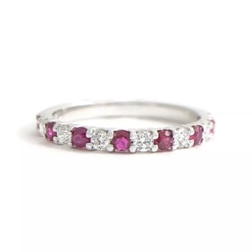 Ruby Diamond Ring Gemstone Wedding Band 14K White Gold, .49 CTW