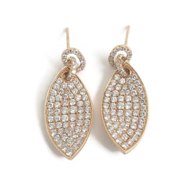 Micro Pave Diamond Leaf Hanging Dangle Earrings 18K Pink Rose Gold, 2.26 CTW
