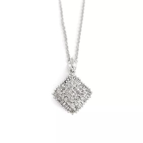 Baguette Round Diamond Cluster Pendant Necklace 14K White Gold 1.62 CTW
