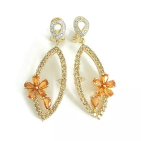 Orange Sapphire Diamond Flower Dangle Drop Earrings 14K Yellow Gold, 4.55 CTW