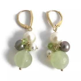 Grey White Pearl Peridot Quartz Dangle Drop Earrings 14K Yellow Gold, 6.42 Grams