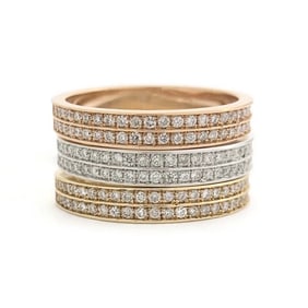 Wide Tri-Color Stacked Diamond Ring Set 14K Yellow White Pink Rose Gold, Size 7