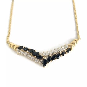 Estate Sapphire Diamond Chevron Pendant Necklace 14K Yellow Gold , 8.06 Gr